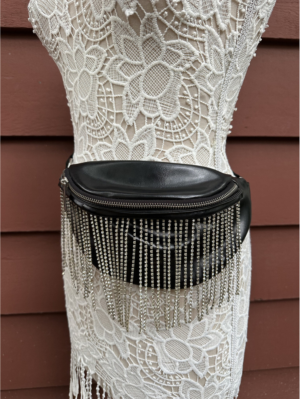 Wild Fable Black Faux Leather Rhinestone Fringe Belt Bag